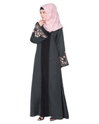 Shrug style lovely buds & flowers embroidered front close abaya Blue