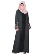 Shrug style lovely buds & flowers embroidered front close abaya Olive Green