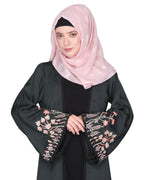 Shrug style lovely buds & flowers embroidered front close abaya Olive Green