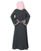 Shrug style lovely buds & flowers embroidered front close abaya Olive Green
