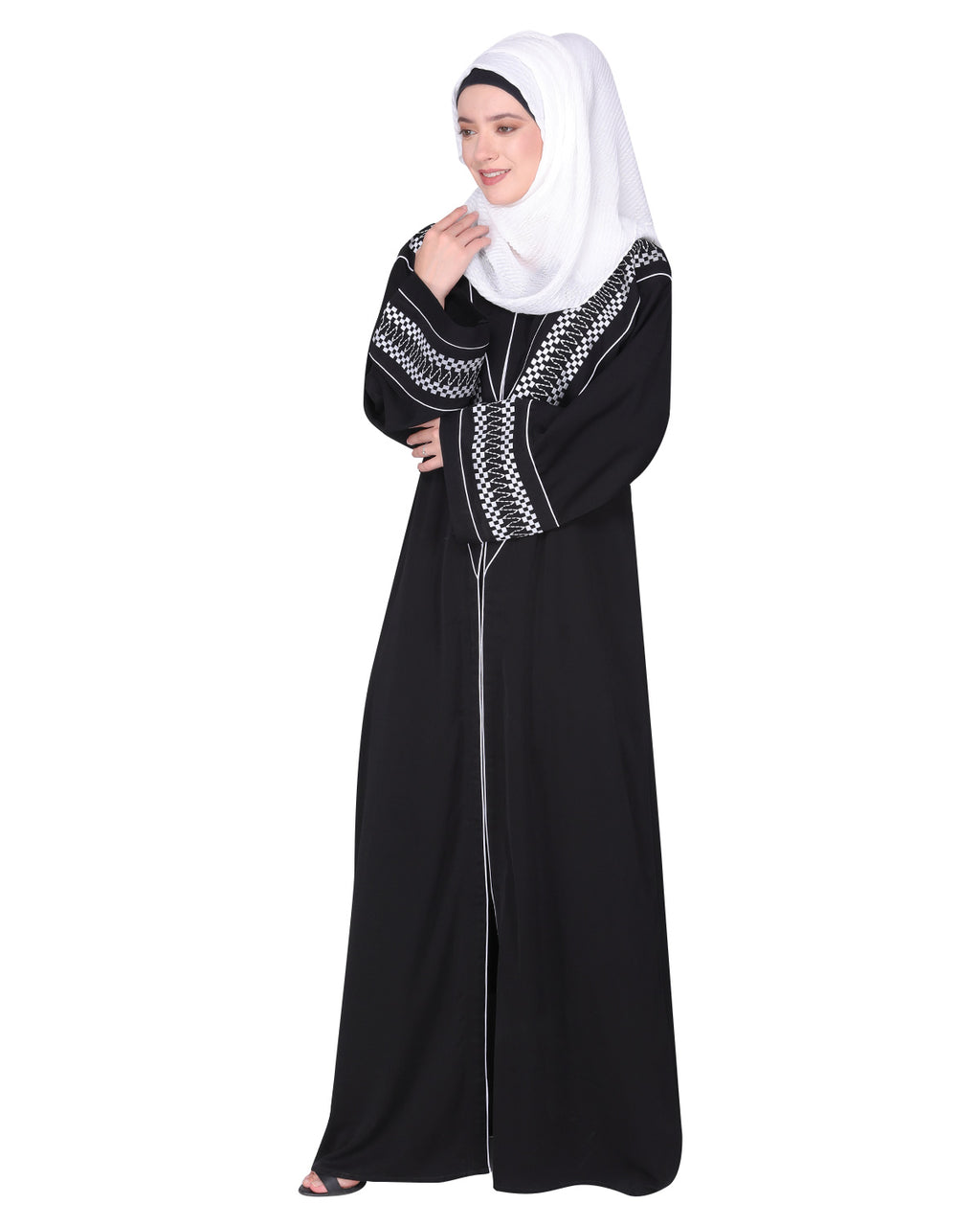 A magnificent Palestinian motif front open embroidered abaya Black