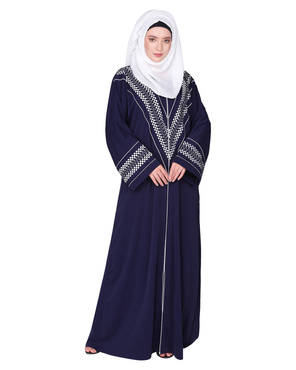 A magnificent Palestinian motif front open embroidered abaya Blue