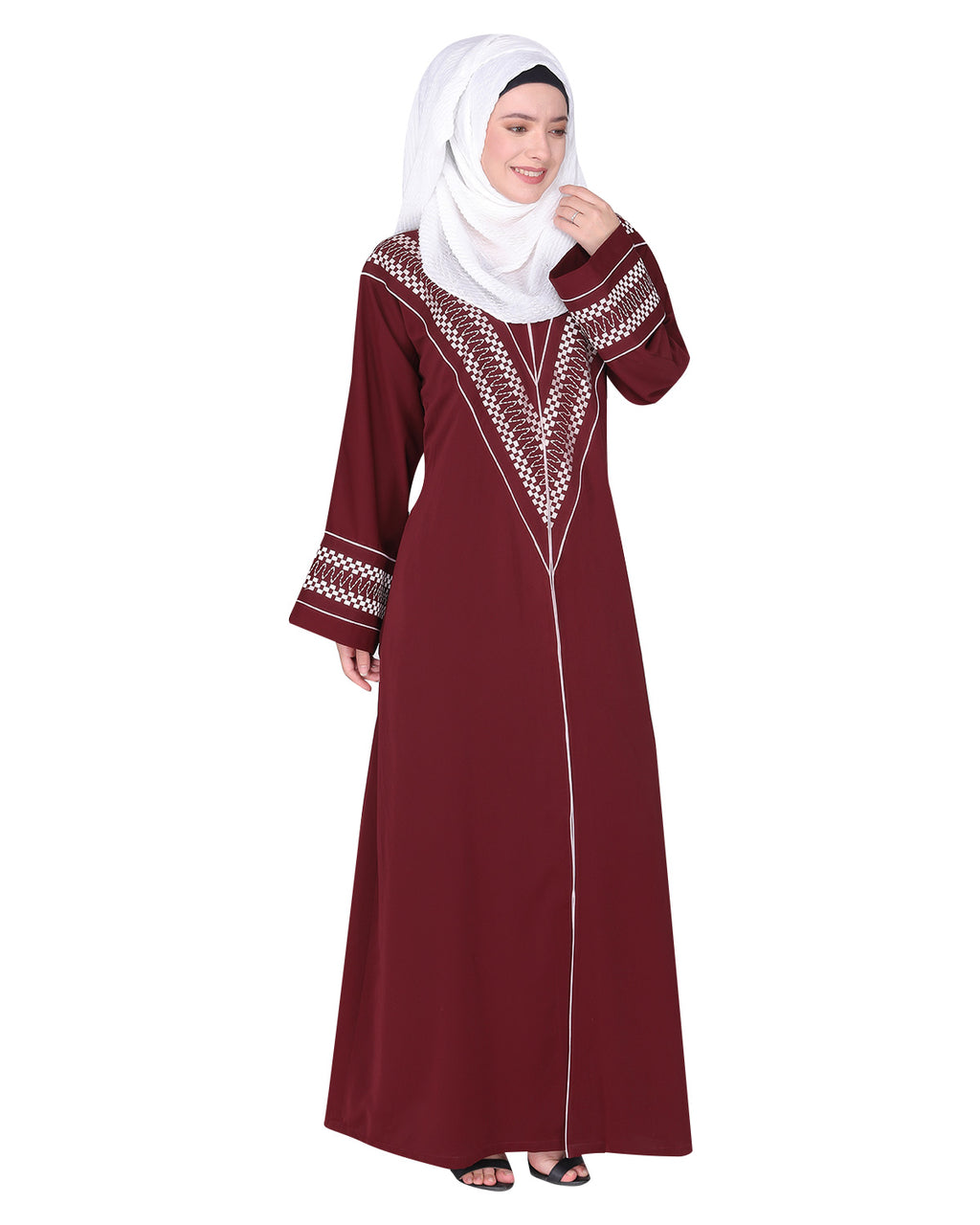 A magnificent Palestinian motif front open embroidered abaya Maroon