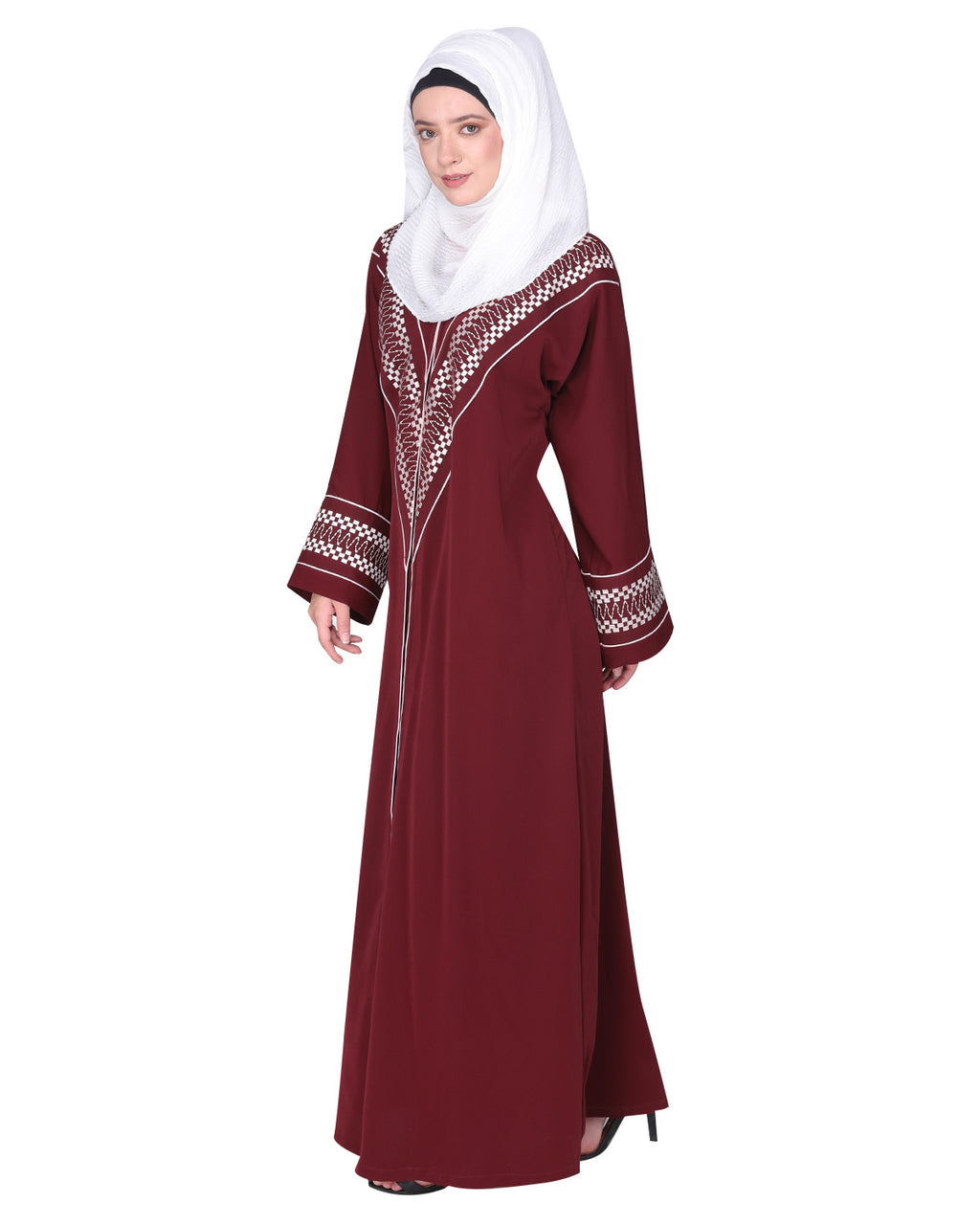 A magnificent Palestinian motif front open embroidered abaya Maroon