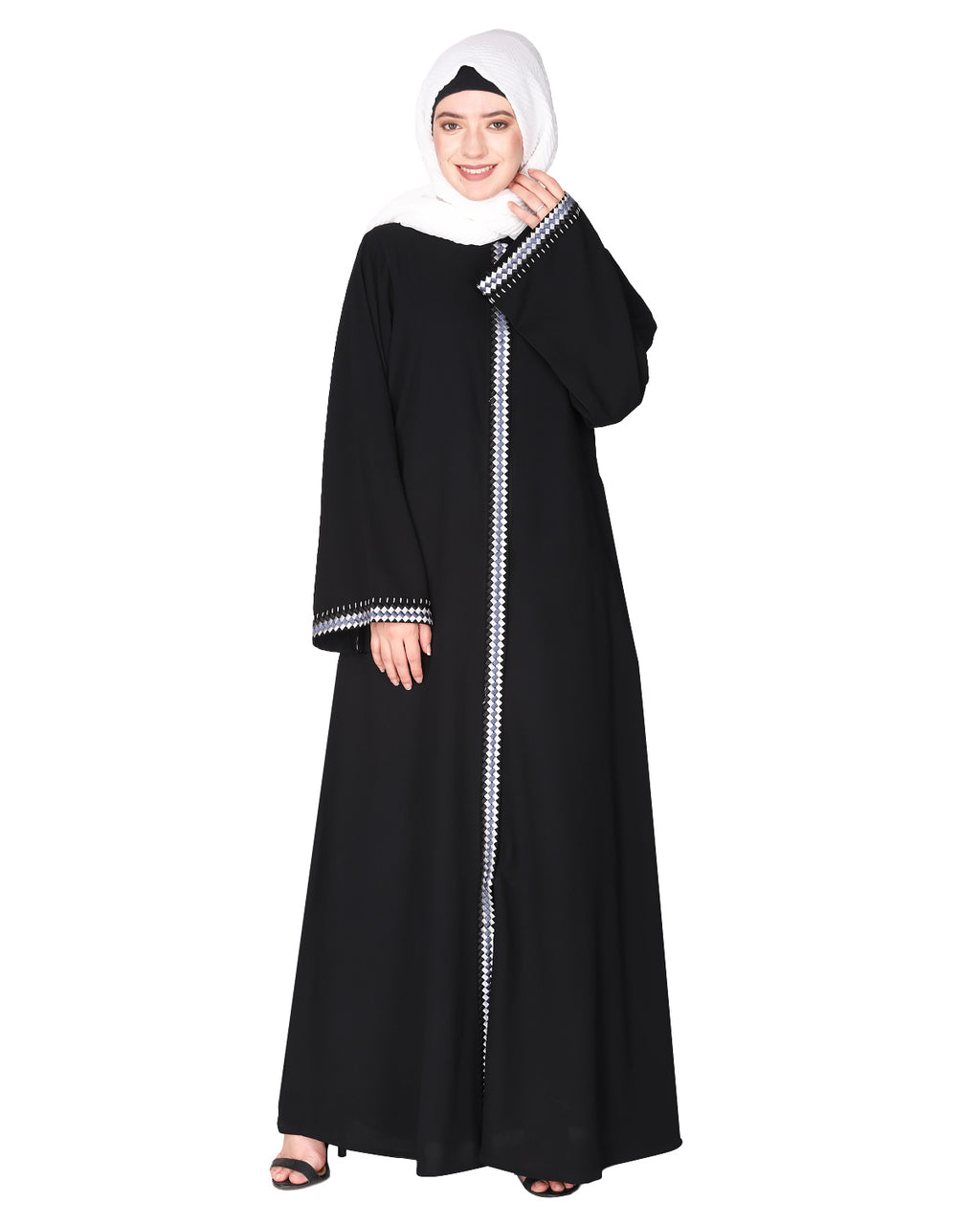 Pleasing front open abaya with beautiful checkered embroidery Black