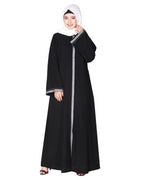 Pleasing front open abaya with beautiful checkered embroidery Black