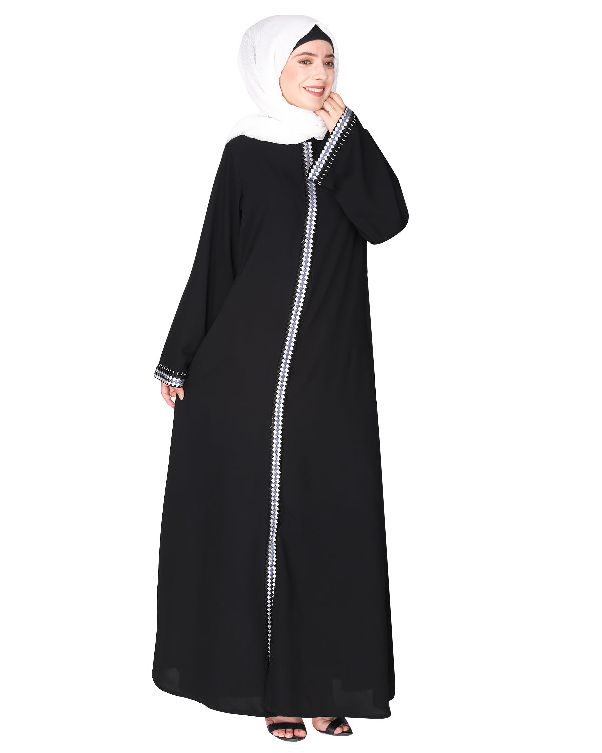 Pleasing front open abaya with beautiful checkered embroidery Black