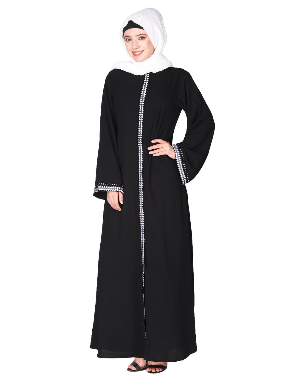 Pleasing front open abaya with beautiful checkered embroidery Black