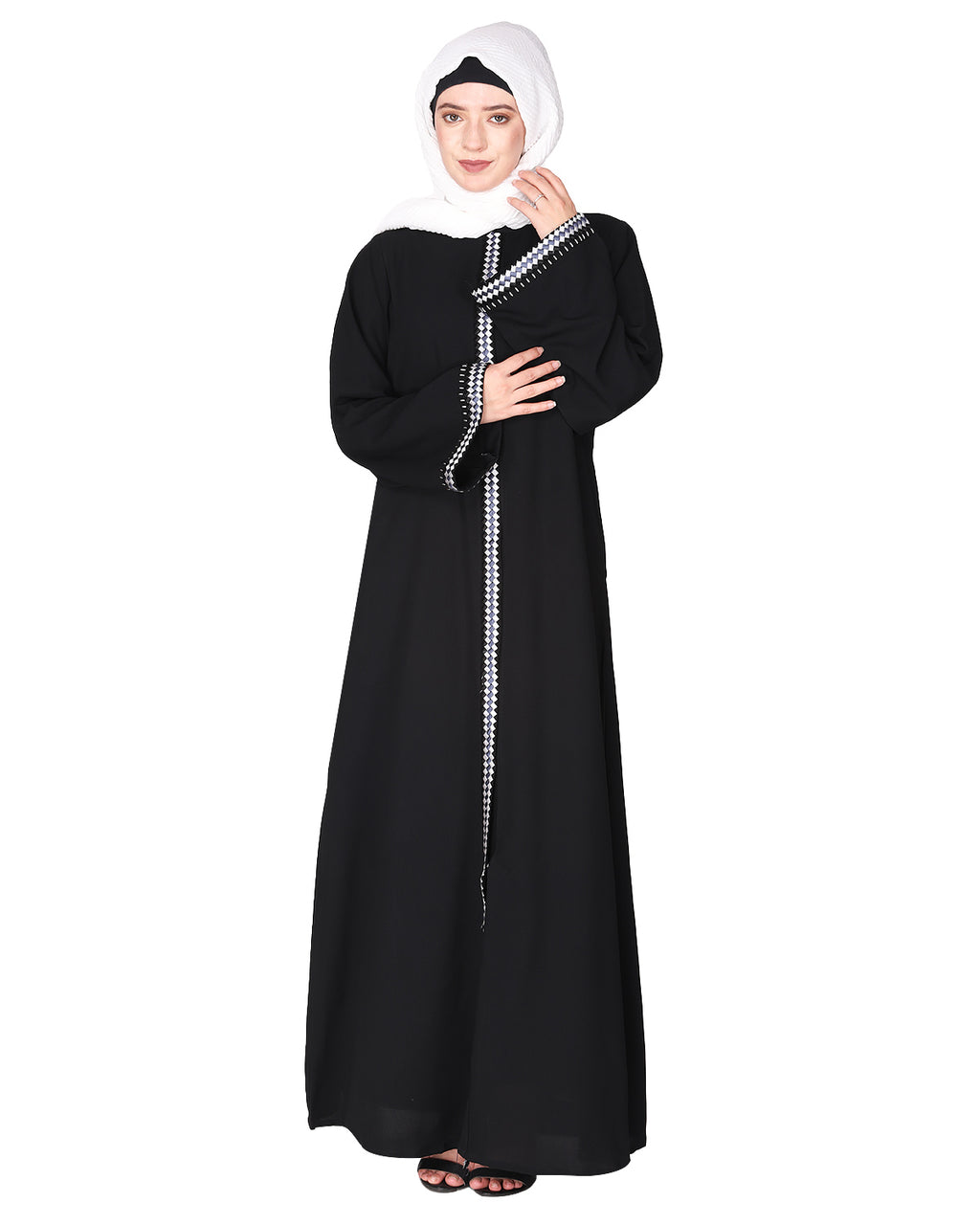 Pleasing front open abaya with beautiful checkered embroidery Black