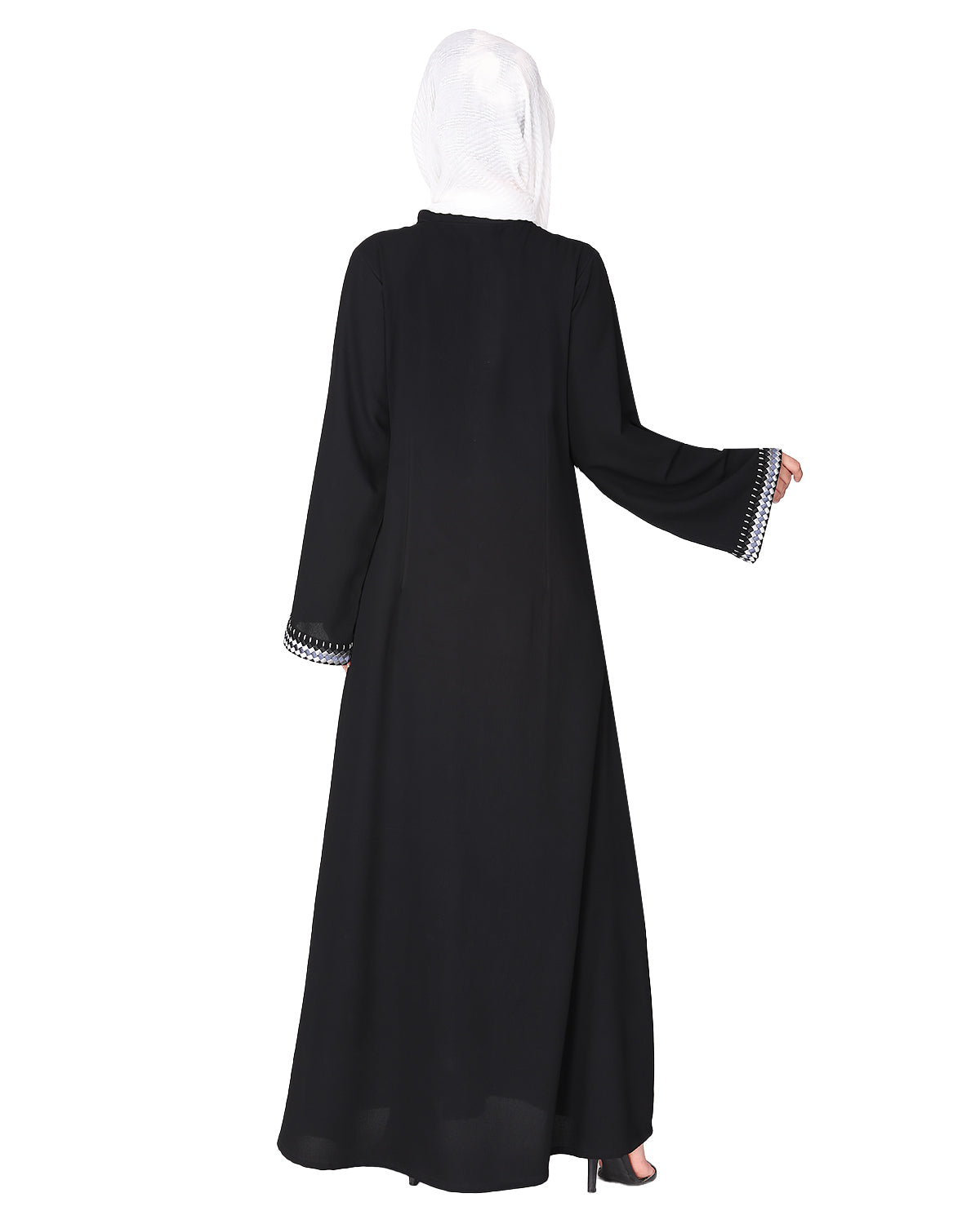 Pleasing front open abaya with beautiful checkered embroidery Black