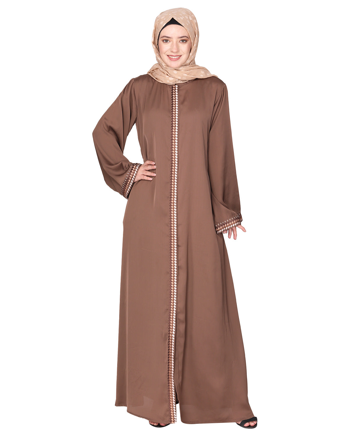 Pleasing front open abaya with beautiful checkered embroidery Brown