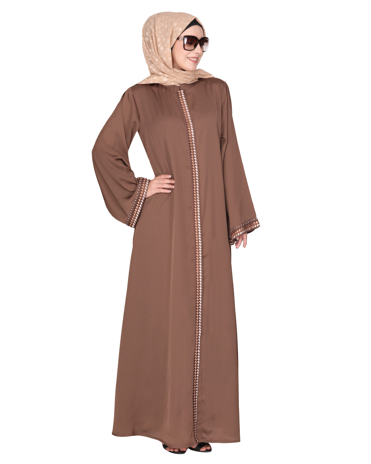 Pleasing front open abaya with beautiful checkered embroidery Brown