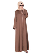 Pleasing front open abaya with beautiful checkered embroidery Brown