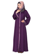 Pleasing front open abaya with beautiful checkered embroidery Purple