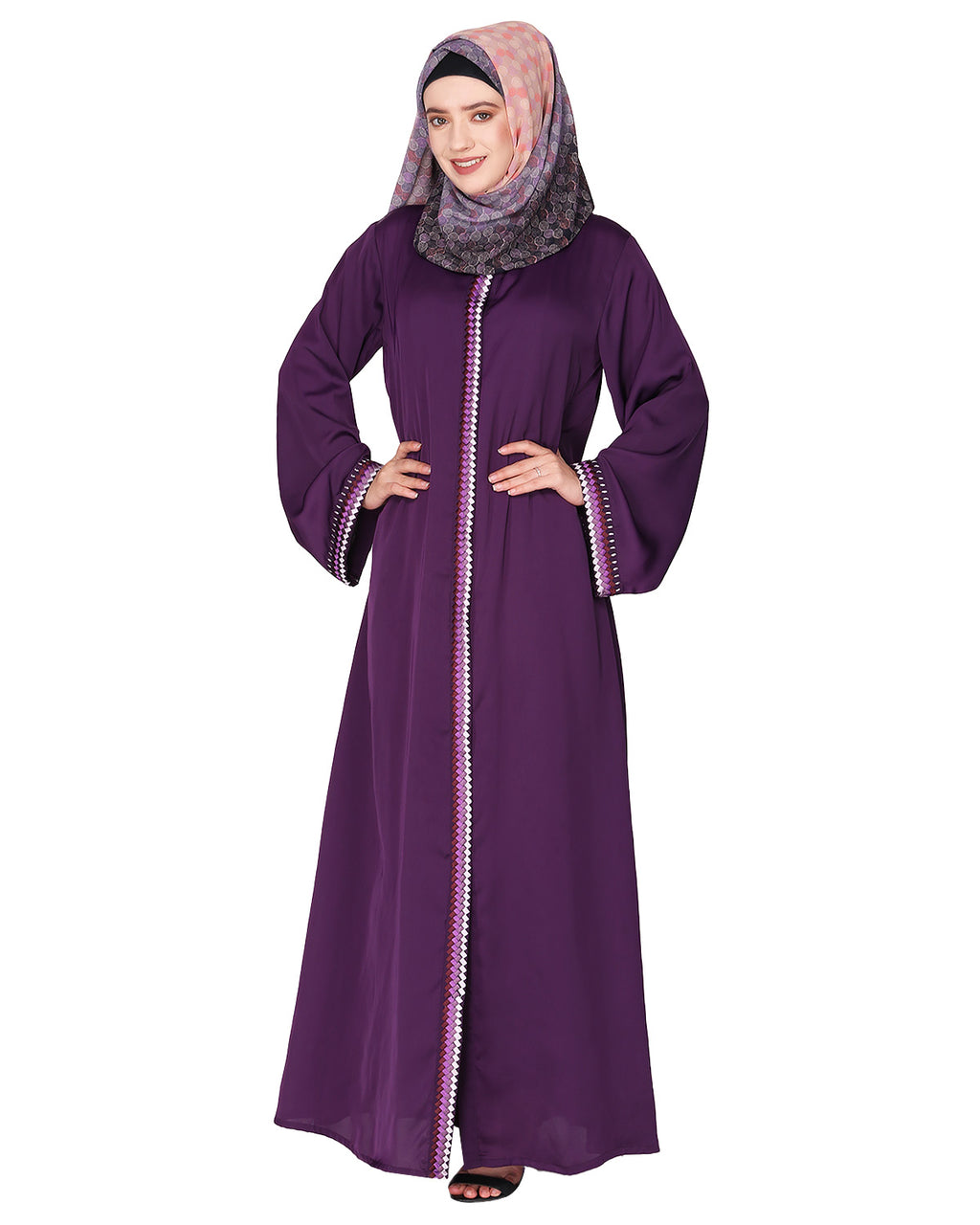 Pleasing front open abaya with beautiful checkered embroidery Purple