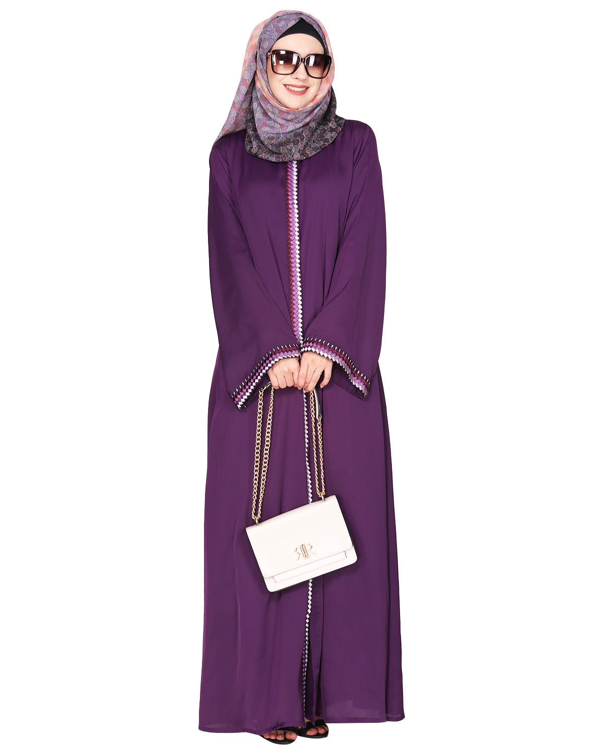 Pleasing front open abaya with beautiful checkered embroidery Purple