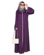 Pleasing front open abaya with beautiful checkered embroidery Purple