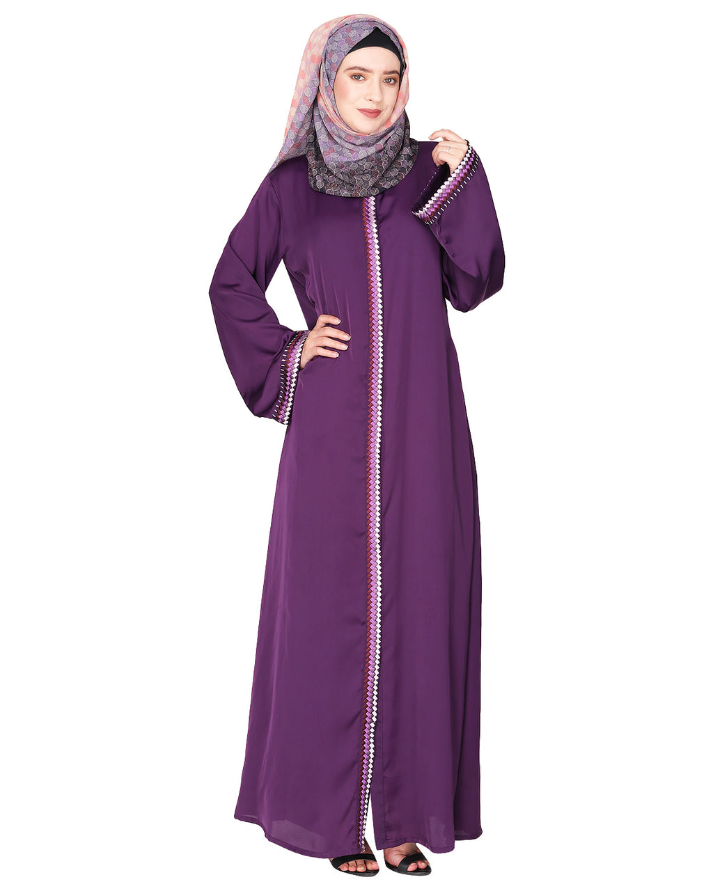 Pleasing front open abaya with beautiful checkered embroidery Purple