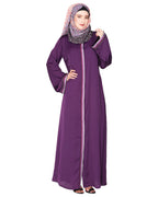 Pleasing front open abaya with beautiful checkered embroidery Purple