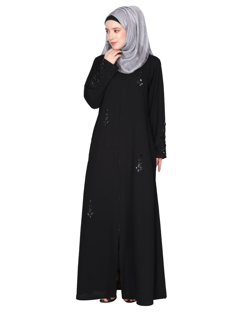 Rich hand embroidered front open abaya with itricate motif of glittering beads Black