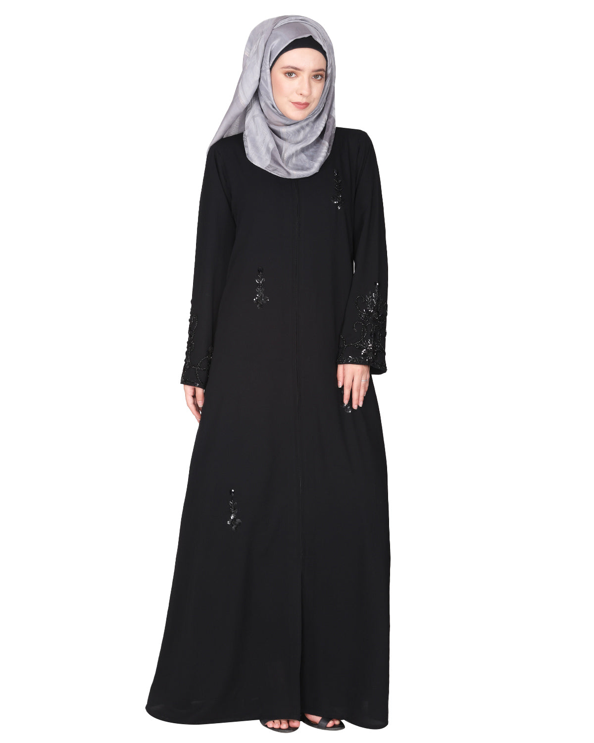 Rich hand embroidered front open abaya with itricate motif of glittering beads Black