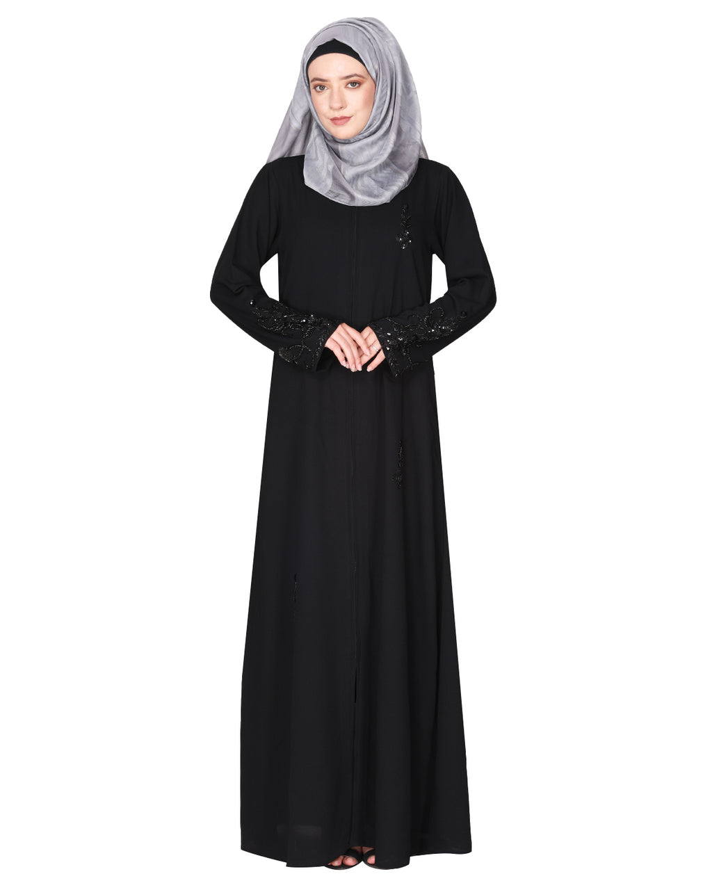 Rich hand embroidered front open abaya with itricate motif of glittering beads Black