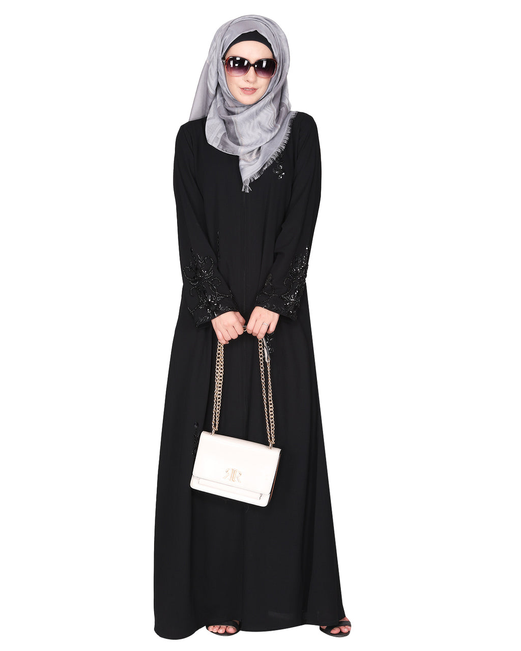 Rich hand embroidered front open abaya with itricate motif of glittering beads Black