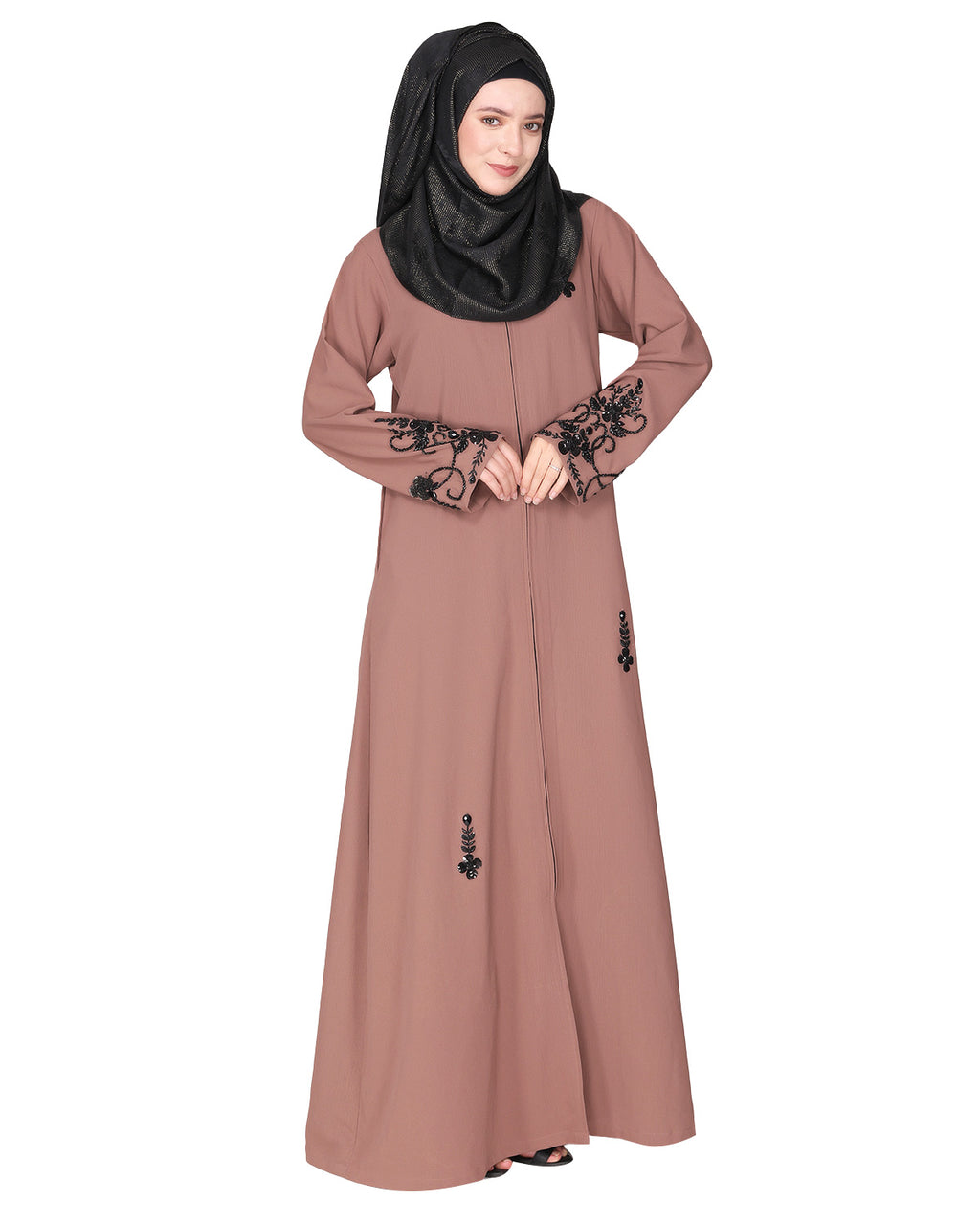 Rich hand embroidered front open abaya with itricate motif of glittering beads Brown