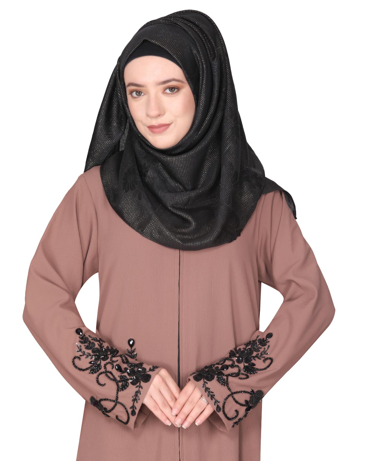 Rich hand embroidered front open abaya with itricate motif of glittering beads Brown