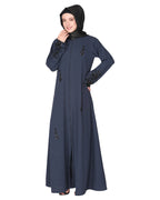 Rich hand embroidered front open abaya with itricate motif of glittering beads Dark Grey