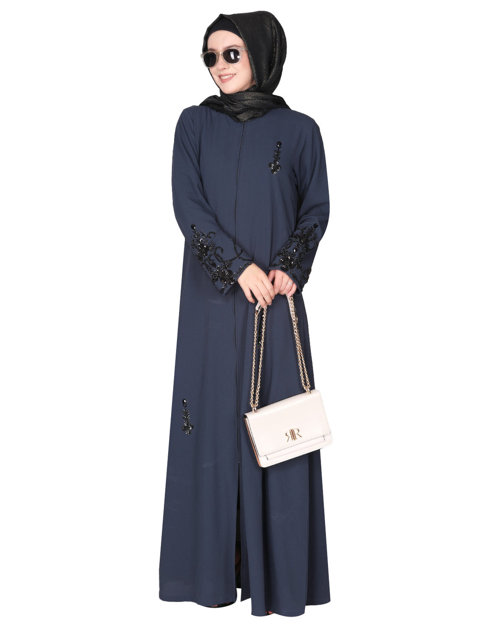 Rich hand embroidered front open abaya with itricate motif of glittering beads Dark Grey