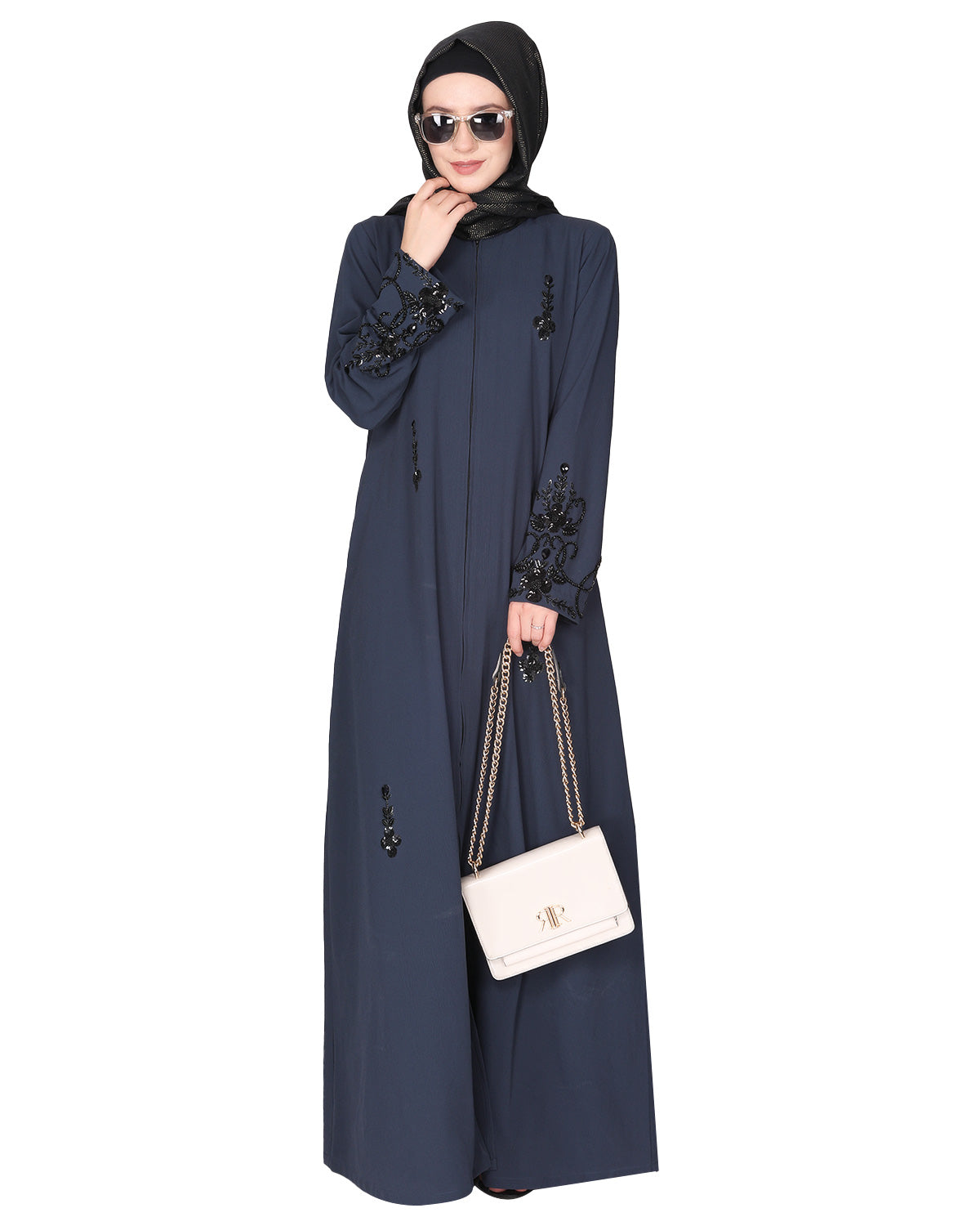 Rich hand embroidered front open abaya with itricate motif of glittering beads Dark Grey