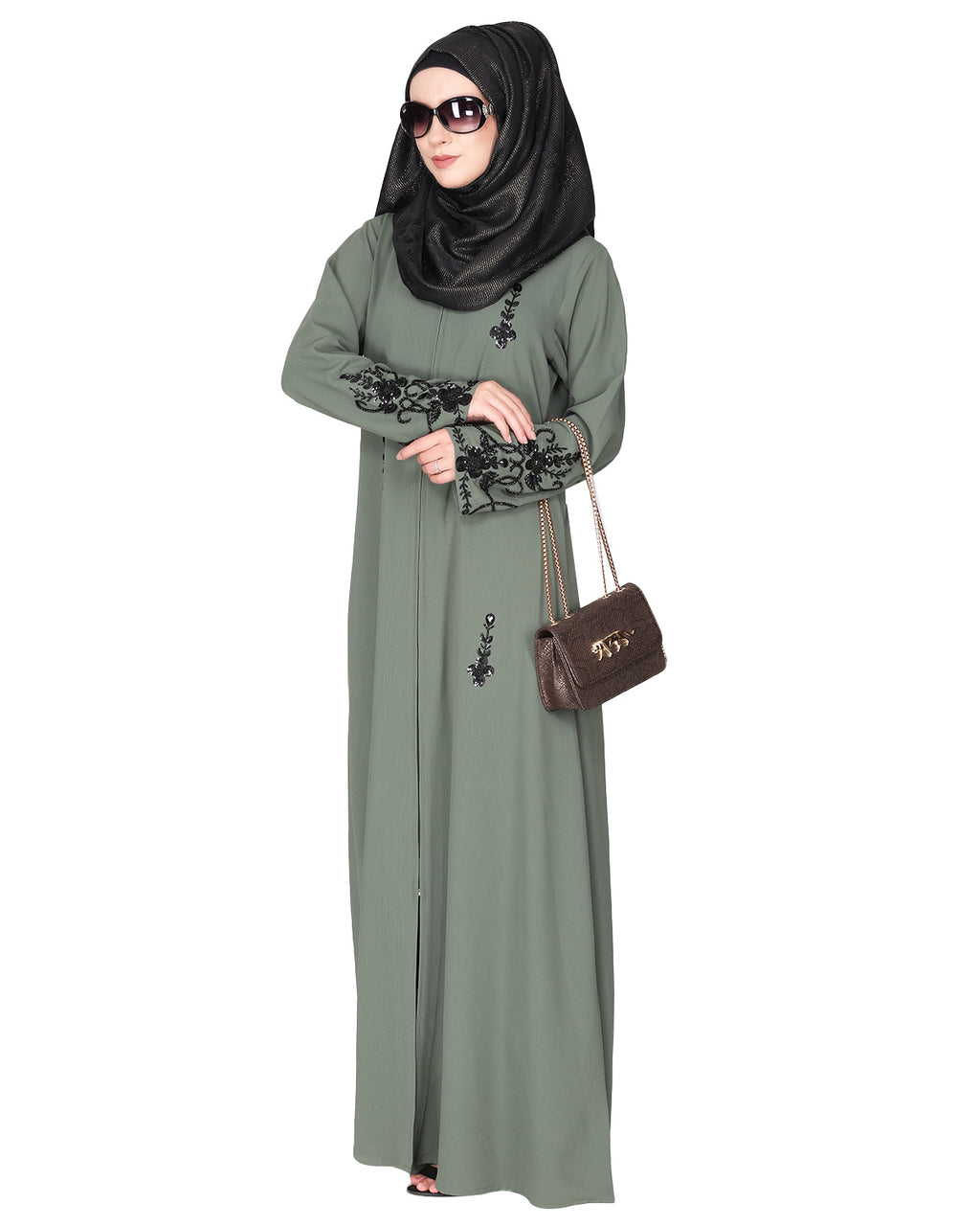 Rich hand embroidered front open abaya with itricate motif of glittering beads Dead Mint