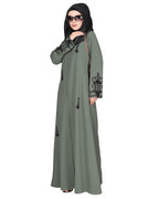 Rich hand embroidered front open abaya with itricate motif of glittering beads Dead Mint