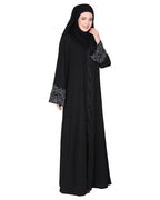 Premium handembroidered front open abaya with gleaming dual seed beads Black