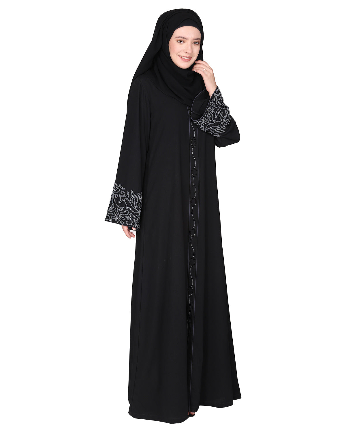 Premium handembroidered front open abaya with gleaming dual seed beads Black