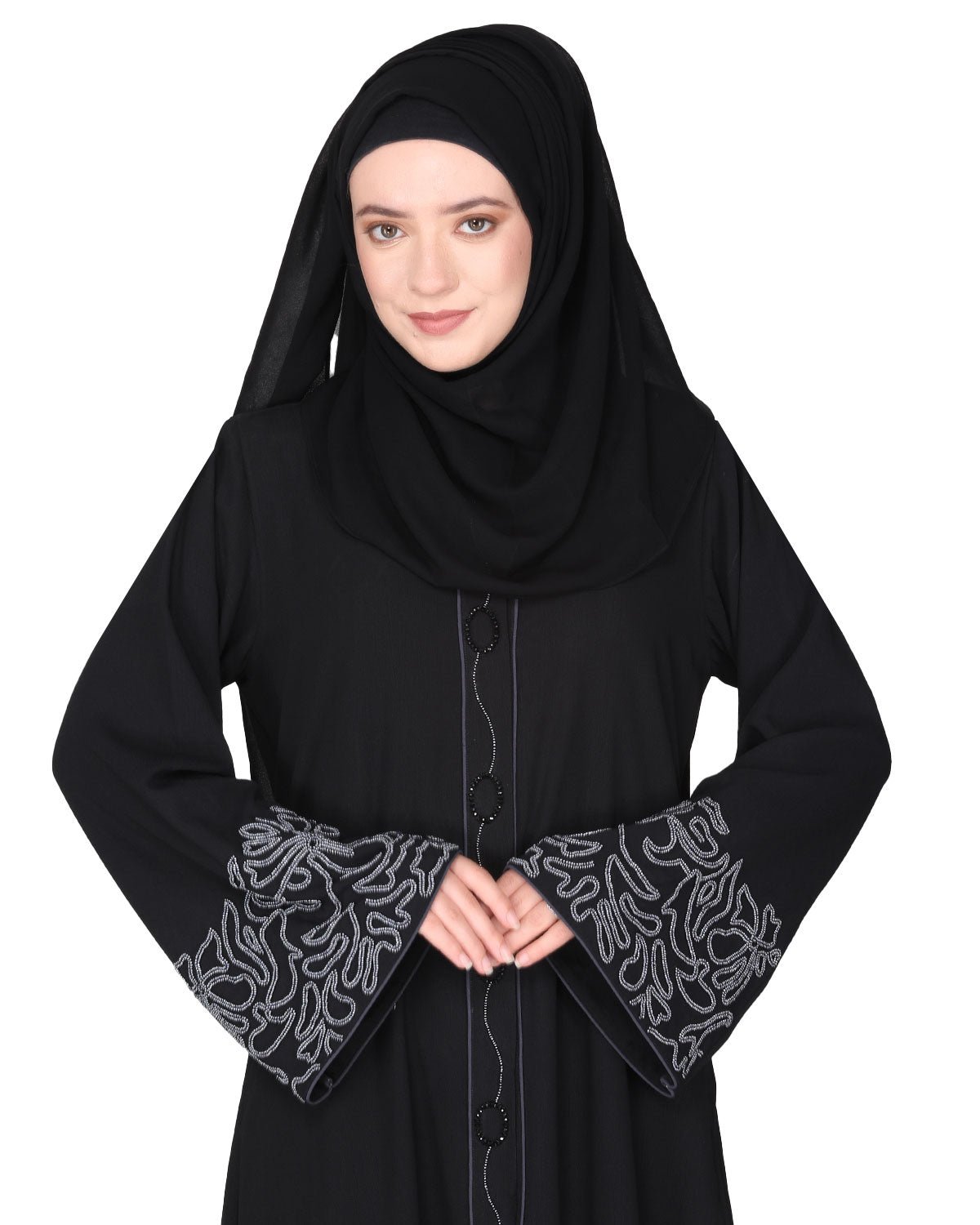 Premium handembroidered front open abaya with gleaming dual seed beads Black