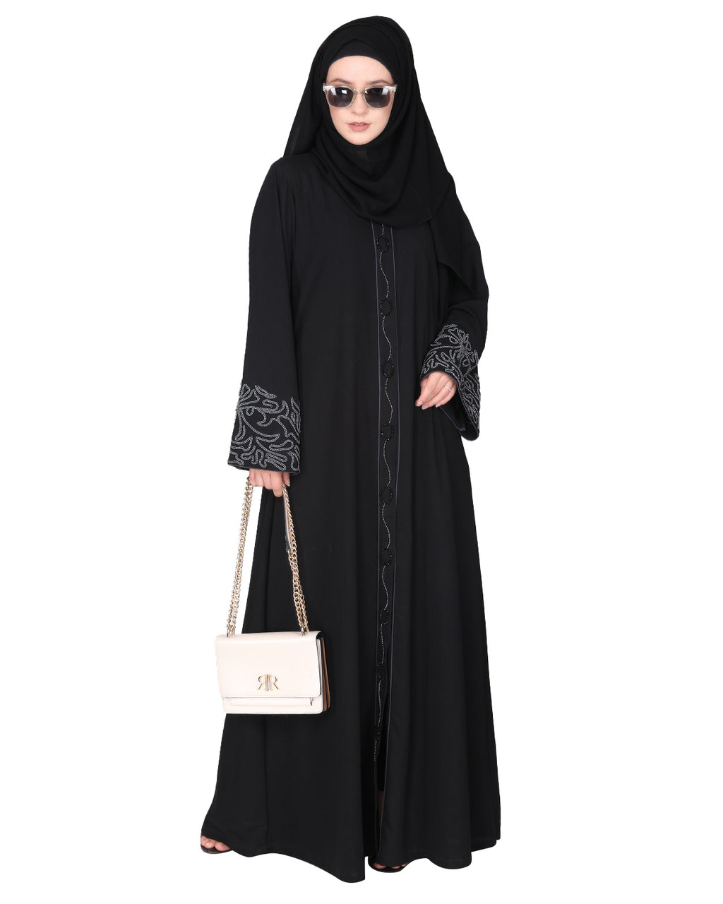 Premium handembroidered front open abaya with gleaming dual seed beads Black