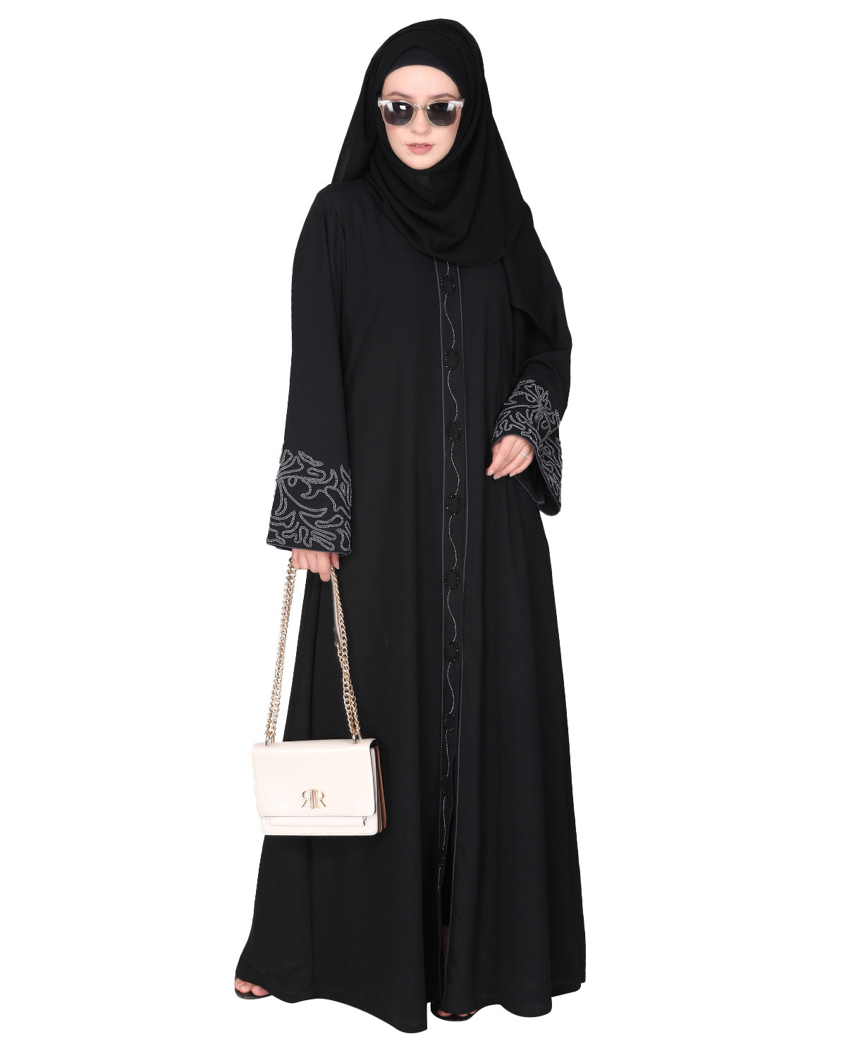 Premium handembroidered front open abaya with gleaming dual seed beads Black