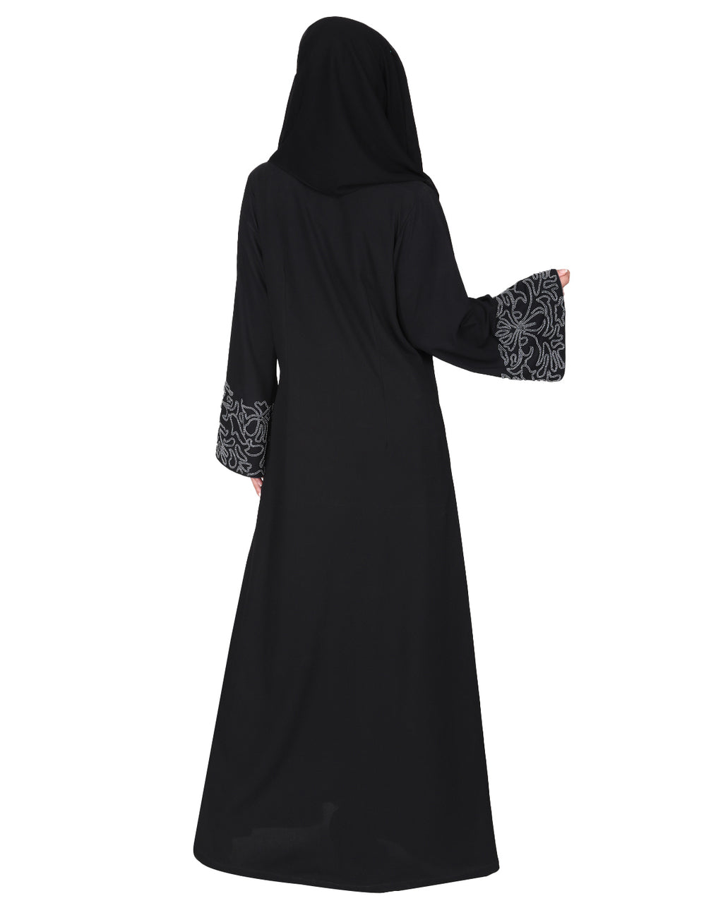 Premium handembroidered front open abaya with gleaming dual seed beads Black