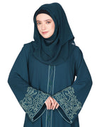 Premium handembroidered front open abaya with gleaming dual seed beads Bottle Green