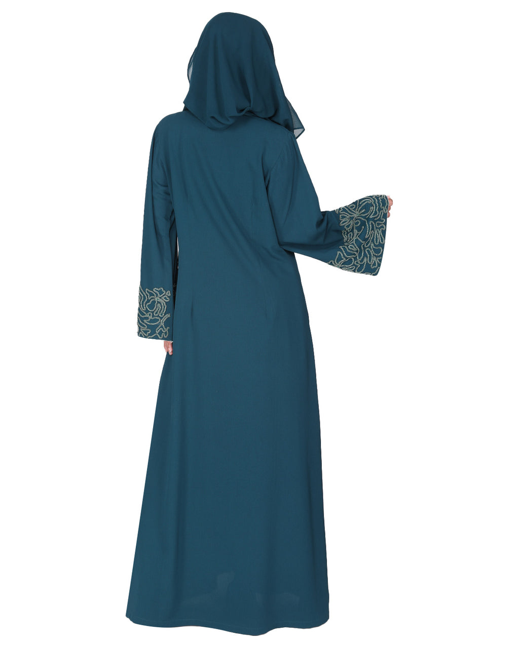 Premium handembroidered front open abaya with gleaming dual seed beads Bottle Green