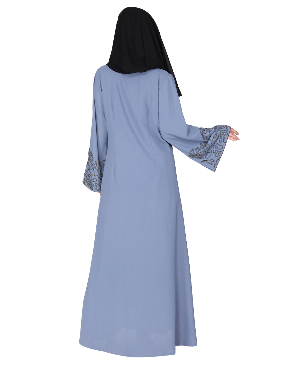 Premium handembroidered front open abaya with gleaming dual seed beads Light Grey