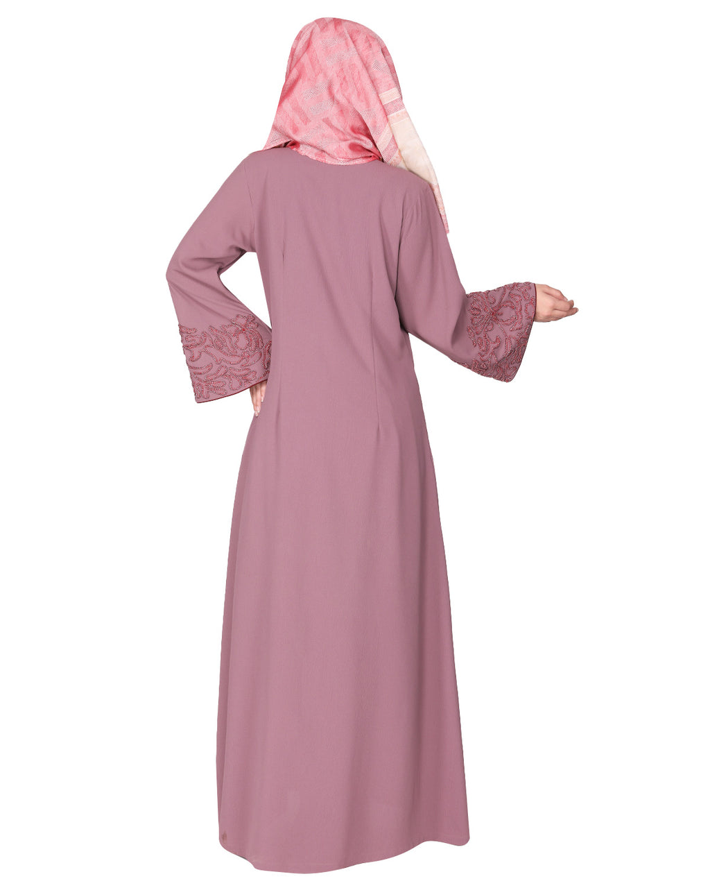 Premium handembroidered front open abaya with gleaming dual seed beads Onion Pink