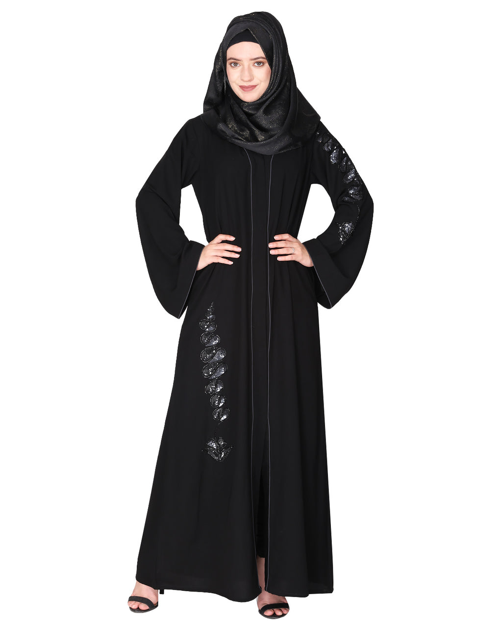 Opulent hand embroidered front open abaya with a unique twisted motif of sparkling sequins Black