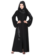 Opulent hand embroidered front open abaya with a unique twisted motif of sparkling sequins Black