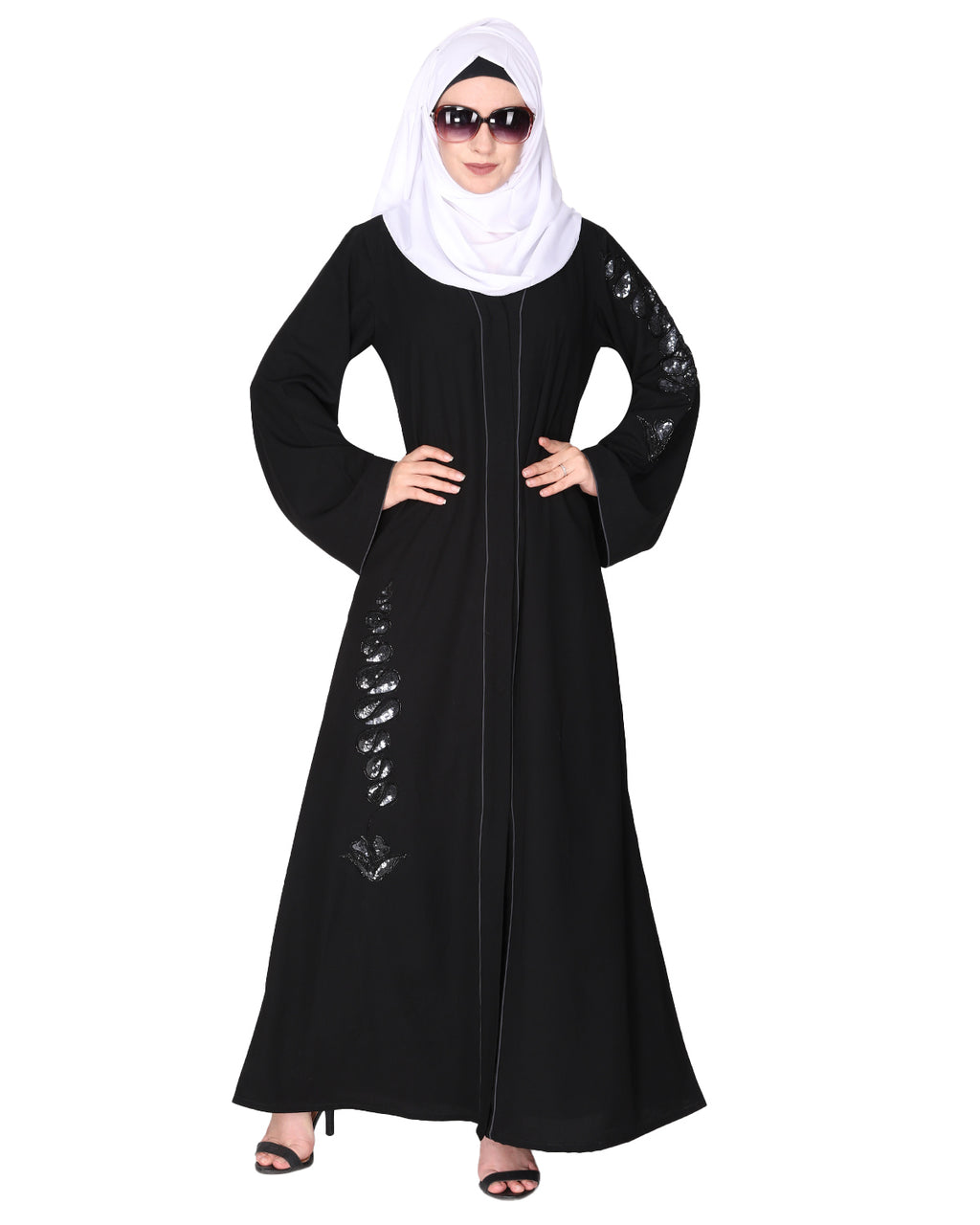 Opulent hand embroidered front open abaya with a unique twisted motif of sparkling sequins Black