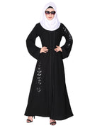 Opulent hand embroidered front open abaya with a unique twisted motif of sparkling sequins Black