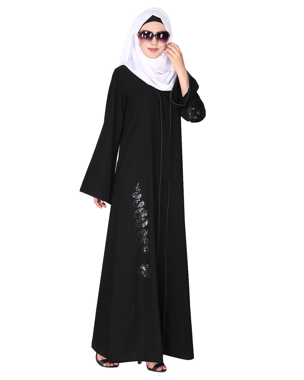 Opulent hand embroidered front open abaya with a unique twisted motif of sparkling sequins Black