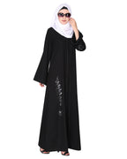 Opulent hand embroidered front open abaya with a unique twisted motif of sparkling sequins Black